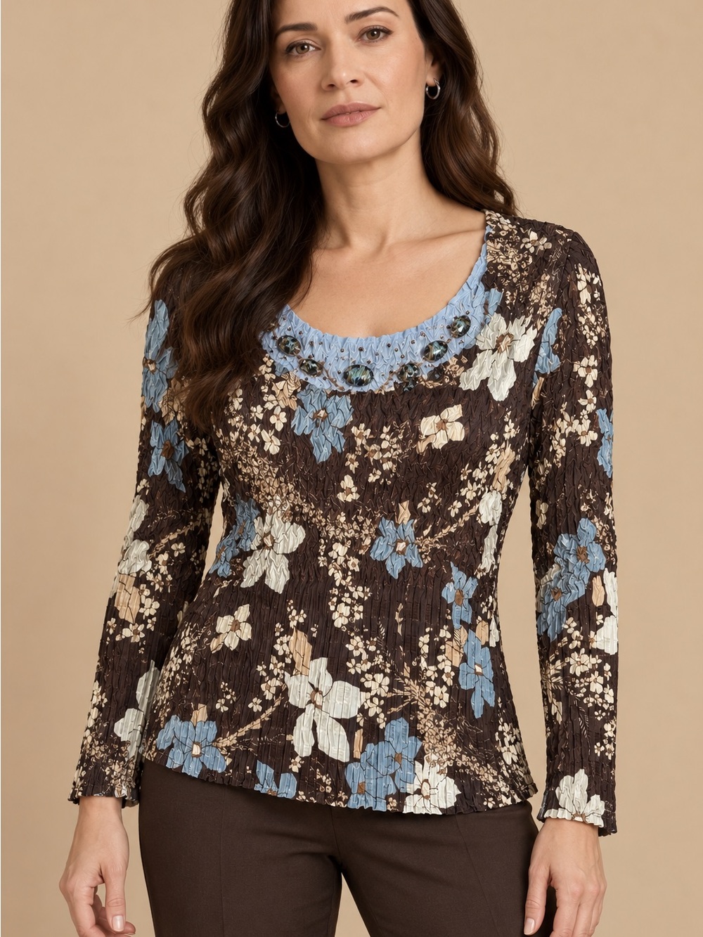 Vintage Alberto Makali Plissé Floral Beaded Top